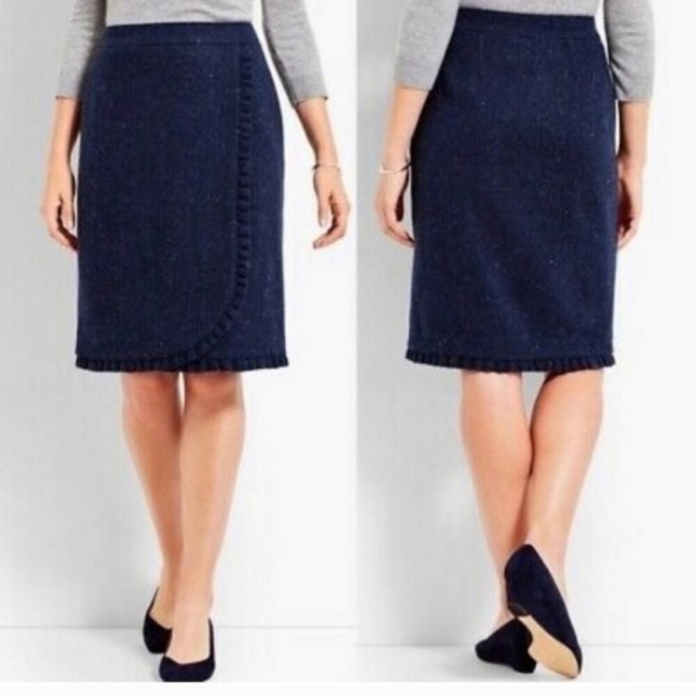 Talbots Navy Blue Tweed Ruffle Hem Wool Pencil Skirt Size 10
